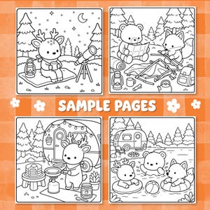 Puede incluir: Cuatro p&aacute;ginas para colorear en blanco y negro con animales adorables de camping. Las escenas incluyen un ciervo observando estrellas, un oso y un zorro montando una tienda, un ciervo cocinando tortitas y animales nadando en un lago.