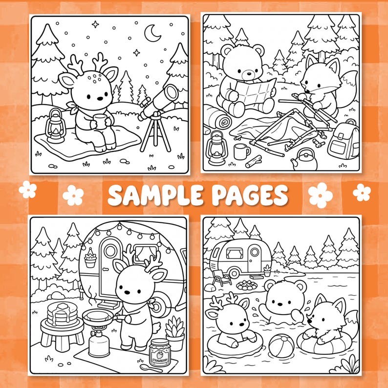 Puede incluir: Cuatro p&aacute;ginas para colorear en blanco y negro con animales adorables de camping. Las escenas incluyen un ciervo observando estrellas, un oso y un zorro montando una tienda, un ciervo cocinando tortitas y animales nadando en un lago.