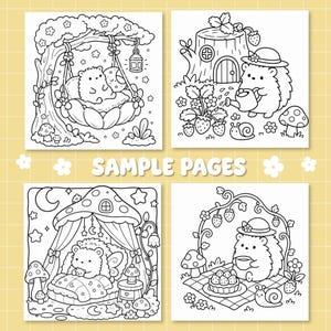 May include: Four black and white colouring pages featuring hedgehogs in various settings, including a hedgehog on a swing, gardening near a tree stump, sleeping in a mushroom house, and having a picnic. The text SAMPLE PAGES is centred.