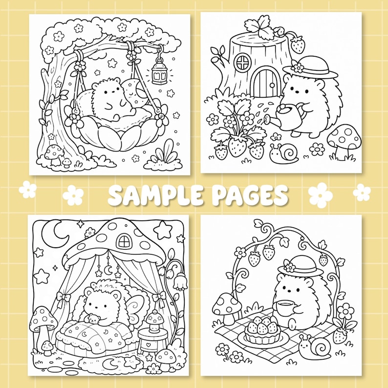 May include: Four black and white colouring pages featuring hedgehogs in various settings, including a hedgehog on a swing, gardening near a tree stump, sleeping in a mushroom house, and having a picnic. The text SAMPLE PAGES is centred.