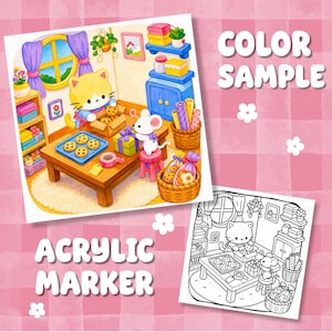 Puede incluir: Una ilustraci&oacute;n colorida y una versi&oacute;n en blanco y negro de un gato y un rat&oacute;n horneando galletas en una cocina. La escena incluye una mesa de madera, estantes con cajas, cestas y el texto COLOR SAMPLE y ACRYLIC MARKER.