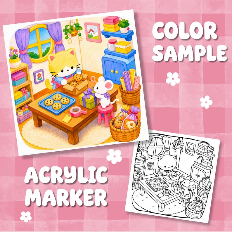 Puede incluir: Una ilustraci&oacute;n colorida y una versi&oacute;n en blanco y negro de un gato y un rat&oacute;n horneando galletas en una cocina. La escena incluye una mesa de madera, estantes con cajas, cestas y el texto COLOR SAMPLE y ACRYLIC MARKER.