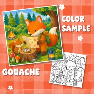 Puede incluir: Una ilustraci&oacute;n colorida y una versi&oacute;n en blanco y negro de un zorro con mochila mirando un mapa, acompa&ntilde;ado por una ardilla, una fogata, una br&uacute;jula sobre un toc&oacute;n y una linterna, con el texto COLOR SAMPLE GOUACHE.