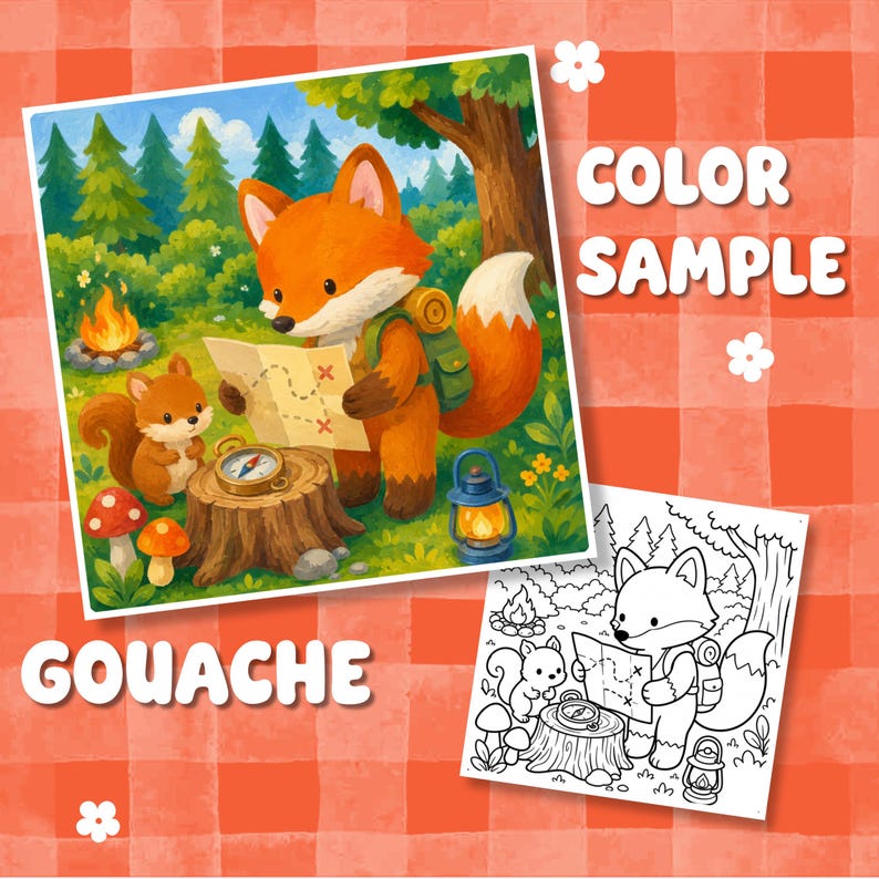 Puede incluir: Una ilustraci&oacute;n colorida y una versi&oacute;n en blanco y negro de un zorro con mochila mirando un mapa, acompa&ntilde;ado por una ardilla, una fogata, una br&uacute;jula sobre un toc&oacute;n y una linterna, con el texto COLOR SAMPLE GOUACHE.