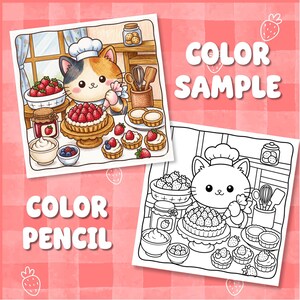 May include: A digital illustration of a calico cat wearing a chef hat and piping frosting onto a strawberry tart, accompanied by a black and white line art version. The scene includes bowls of strawberries, blueberries, cream, and kitchen tools.