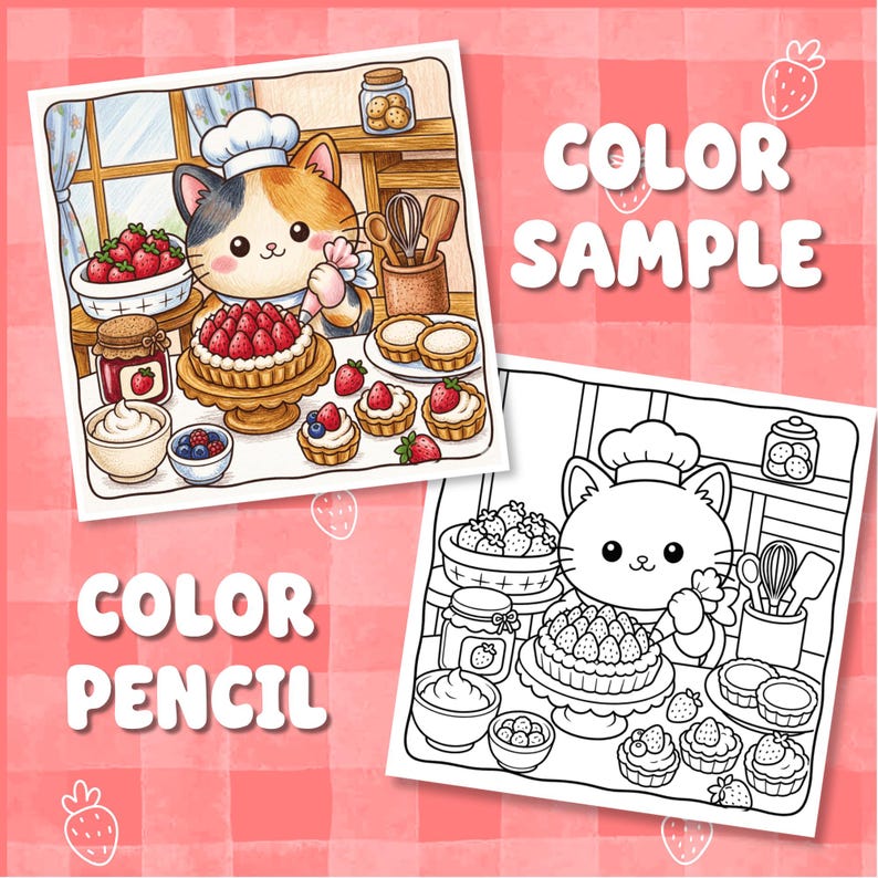 May include: A digital illustration of a calico cat wearing a chef hat and piping frosting onto a strawberry tart, accompanied by a black and white line art version. The scene includes bowls of strawberries, blueberries, cream, and kitchen tools.