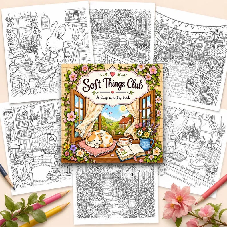 Peut inclure: Plusieurs pages d'un livre de coloriage avec des illustrations d&eacute;taill&eacute;es de sc&egrave;nes confortables. La couverture du livre central indique "Soft Things Club, A Cozy coloring book". Les images incluent un lapin, un chat et divers d&eacute;cors ext&eacute;rieurs et int&eacute;rieurs.
