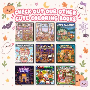 May include: A collection of nine square coloring books featuring illustrations of bakeries, camping, carnivals, and holiday themes. The text reads: CHECK OUT OUR OTHER CUTE COLORING BOOKS. The covers display colorful cartoon animals and seasonal motifs.