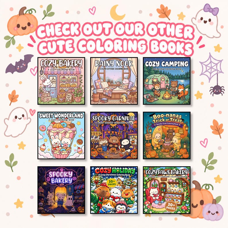 May include: A collection of nine square coloring books featuring illustrations of bakeries, camping, carnivals, and holiday themes. The text reads: CHECK OUT OUR OTHER CUTE COLORING BOOKS. The covers display colorful cartoon animals and seasonal motifs.