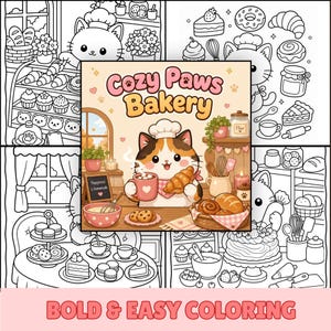May include: A coloring book page featuring a central colored illustration of a calico cat wearing a chef hat in a bakery, holding a mug and a croissant. The text Cozy Paws Bakery is at the top. Surrounding the center are four black and white line art panels showing various bakery scenes with cats, pastries, and kitchen tools.