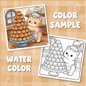 May include: A digital illustration featuring a colored version and a black and white line art version of a cat wearing a chef hat and apron, standing next to a large tiered stack of cream puffs on a blue cake stand, with the text COLOR SAMPLE and WATER COLOR.