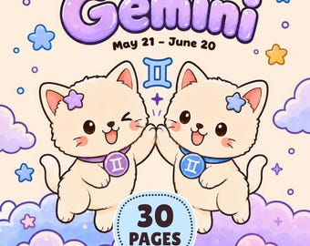 Livro de colorir imprimível com gatos de Gêmeos, páginas kawaii do zodíaco para adultos e crianças, download instantâneo.