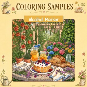 May include: A coloring page titled COLORING SAMPLES and Alcolhol Marker featuring a garden table with a cake topped with berries, two pitchers of orange liquid, a loaf of bread, a honeycomb, plates, and napkins, surrounded by roses and flowers.