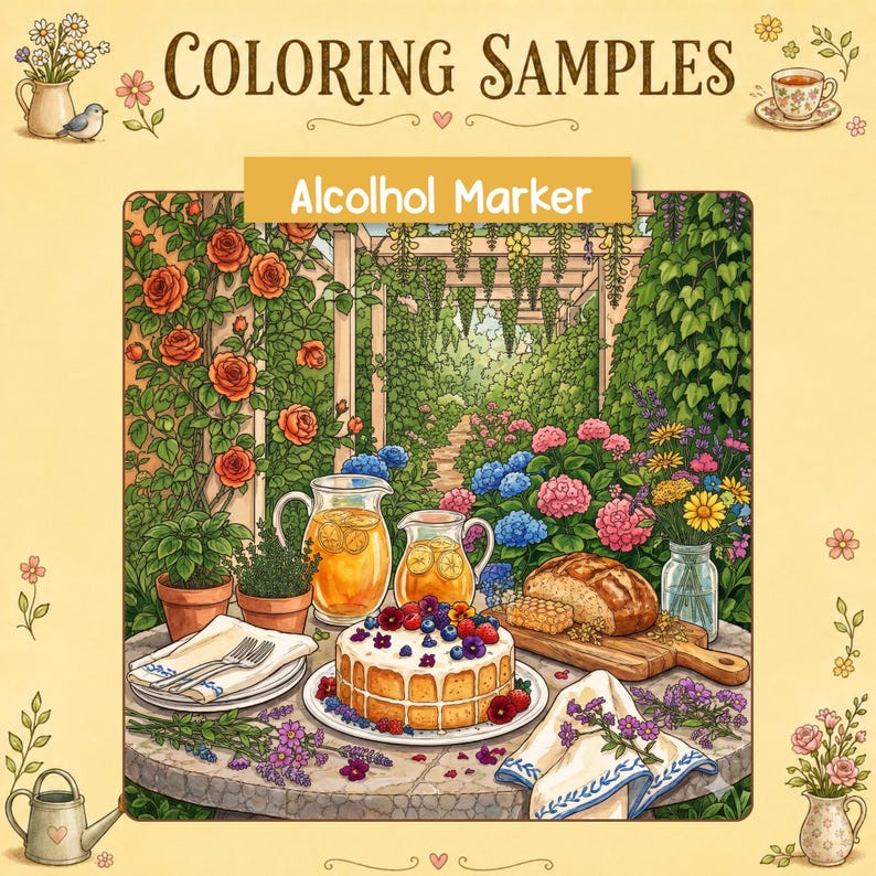 May include: A coloring page titled COLORING SAMPLES and Alcolhol Marker featuring a garden table with a cake topped with berries, two pitchers of orange liquid, a loaf of bread, a honeycomb, plates, and napkins, surrounded by roses and flowers.