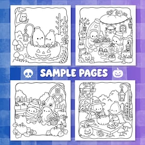 May include: Four black and white coloring pages featuring cute characters in Halloween settings. Scenes include ghosts in a pumpkin, trick-or-treating, a farm with a mummy and octopus, and characters carving pumpkins. The text reads SAMPLE PAGES.