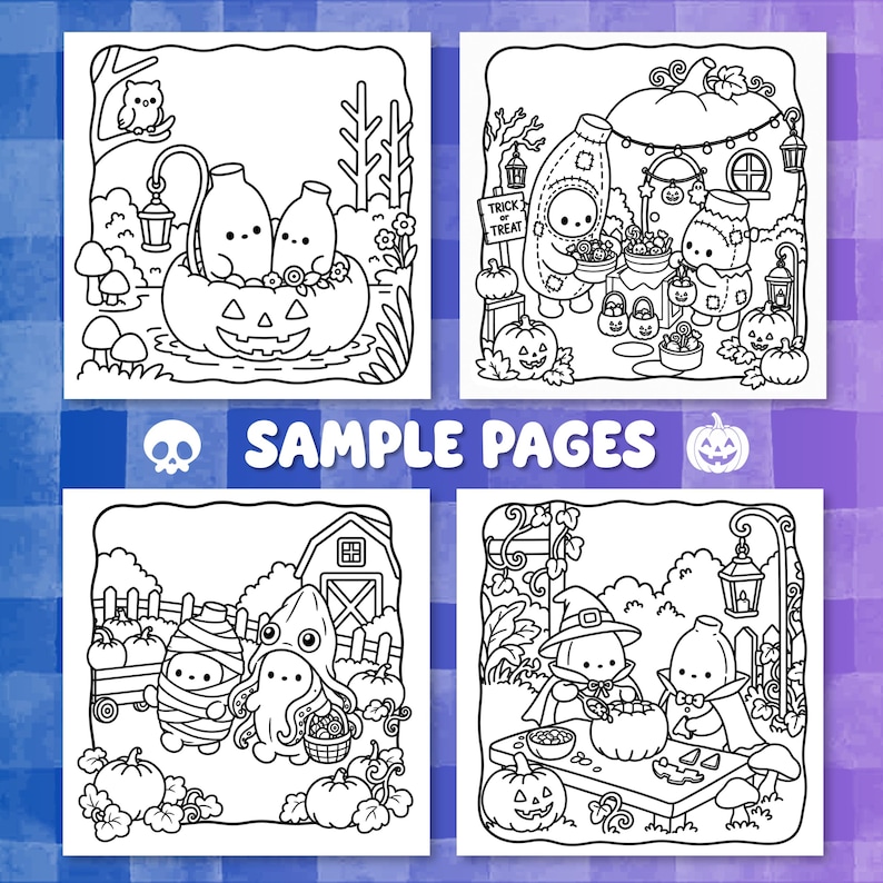 May include: Four black and white coloring pages featuring cute characters in Halloween settings. Scenes include ghosts in a pumpkin, trick-or-treating, a farm with a mummy and octopus, and characters carving pumpkins. The text reads SAMPLE PAGES.