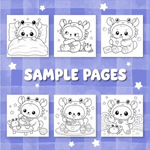 May include: Six black and white colouring pages featuring a character wearing a crab costume. The pages show the character in bed, sitting with a small crab, reading a letter, pouring tea, baking cupcakes, and standing by the ocean. Text reads SAMPLE PAGES.