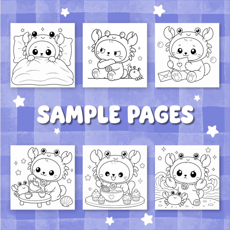 May include: Six black and white colouring pages featuring a character wearing a crab costume. The pages show the character in bed, sitting with a small crab, reading a letter, pouring tea, baking cupcakes, and standing by the ocean. Text reads SAMPLE PAGES.