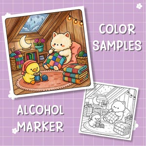 May include: A coloring page set featuring a colored illustration and a black and white line art version of a fluffy white creature and a yellow duckling in an attic. The text COLOR SAMPLES and ALCOHOL MARKER is printed on a purple grid background.
