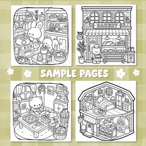 Puede incluir: Cuatro p&aacute;ginas para colorear en blanco y negro con personajes animales lindos en varios entornos, incluyendo una cocina, una panader&iacute;a con el texto BAKERY, una habitaci&oacute;n con un gato y un rat&oacute;n horneando, y una casa de dos pisos.