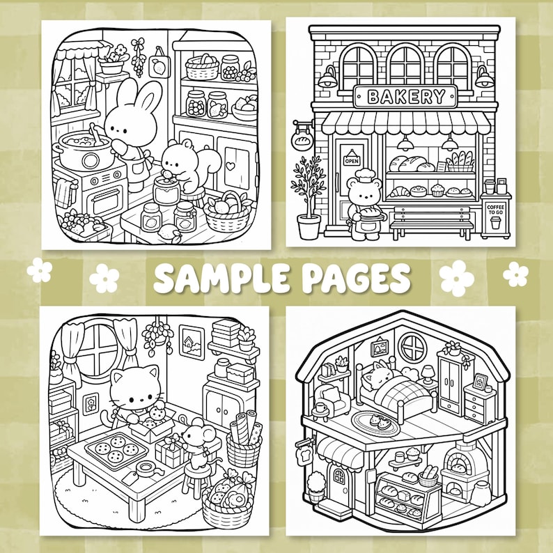 Puede incluir: Cuatro p&aacute;ginas para colorear en blanco y negro con personajes animales lindos en varios entornos, incluyendo una cocina, una panader&iacute;a con el texto BAKERY, una habitaci&oacute;n con un gato y un rat&oacute;n horneando, y una casa de dos pisos.