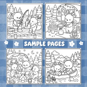 Puede incluir: Cuatro p&aacute;ginas de libro para colorear en blanco y negro con animales de dibujos animados en exteriores. Las escenas incluyen un oso y un zorro pescando, un ciervo cocinando tortitas, animales en una fogata y un canoa.