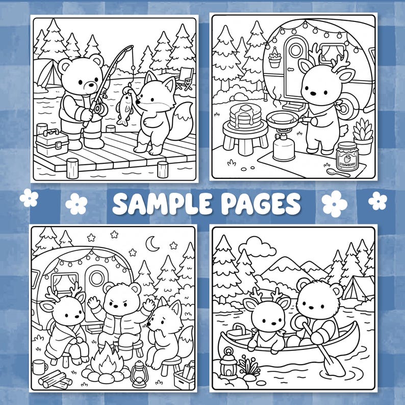 Puede incluir: Cuatro p&aacute;ginas de libro para colorear en blanco y negro con animales de dibujos animados en exteriores. Las escenas incluyen un oso y un zorro pescando, un ciervo cocinando tortitas, animales en una fogata y un canoa.