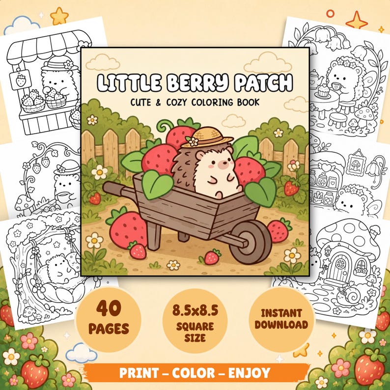 May include: A colouring book titled Little Berry Patch Cute & Cozy Colouring Book featuring a hedgehog in a wooden wheelbarrow filled with strawberries. The cover shows a garden scene with a fence. It contains 40 pages and measures 8.5x8.5 inches.