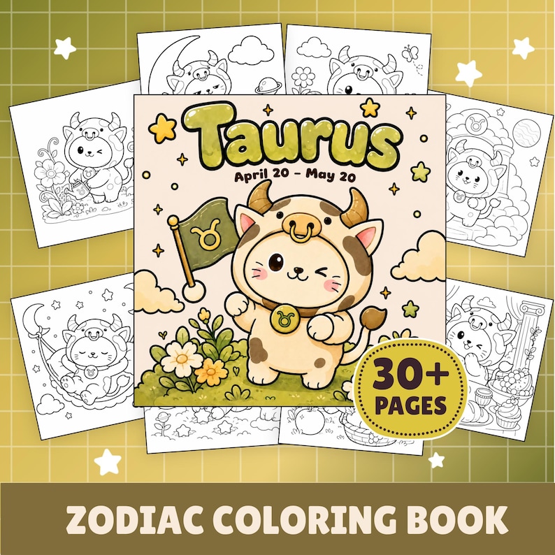 May include: A Taurus zodiac coloring book featuring a central illustration of a cartoon character in a bull costume holding a flag, surrounded by various black and white coloring pages, with the text Taurus April 20 - May 20 and 30+ pages.