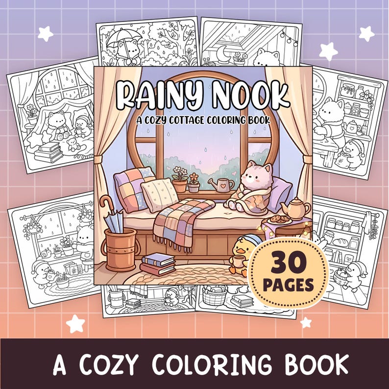 May include: A square coloring book titled Rainy Nook A Cozy Cottage Coloring Book featuring a central illustration of a cat sitting on a window seat during rain, surrounded by several black and white line art pages and a 30 pages badge.