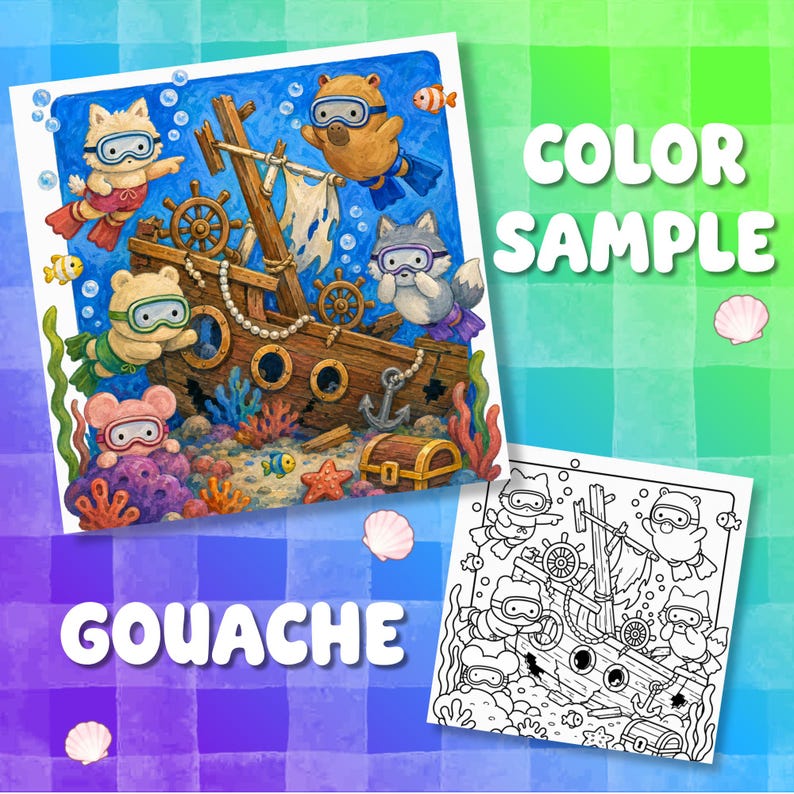 May include: A digital illustration featuring a sunken wooden ship surrounded by colourful coral, sea life, and four cartoon animals wearing snorkelling gear. The image includes a full-colour version and a black-and-white line art version for colouring.