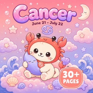 May include: A digital illustration featuring the text Cancer June 21 - July 22 and 30+ PAGES. A white creature wears a red crab costume, holding a purple crescent moon. The background includes pink clouds, blue ocean waves, seashells, stars, and a sleeping moon.