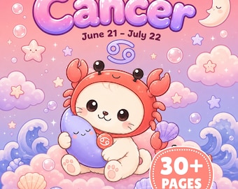 Livro de colorir imprimível com gatos do signo de Câncer, páginas kawaii do zodíaco para adultos e crianças, download instantâneo.
