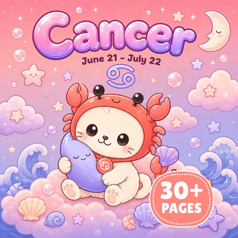 May include: A digital illustration featuring the text Cancer June 21 - July 22 and 30+ PAGES. A white creature wears a red crab costume, holding a purple crescent moon. The background includes pink clouds, blue ocean waves, seashells, stars, and a sleeping moon.