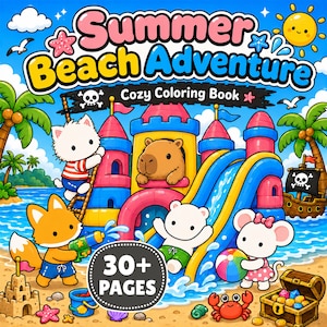 May include: A Summer Beach Adventure colouring book cover featuring a colourful inflatable castle with a slide, a capybara, a white cat, a fox with a water gun, a polar bear, and a mouse with a beach ball. The text reads Summer Beach Adventure Cozy Colouring Book.