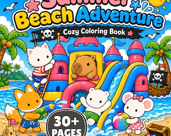 Livro de colorir "Aventura Aconchegante de Verão na Praia", com animais kawaii em PDF para imprimir, para adultos e crianças.
