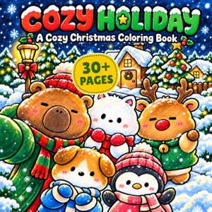 Puede incluir: Un libro para colorear titulado Cozy Holiday A Cozy Christmas Coloring Book con 30+ páginas. La portada muestra una escena invernal nevada con un oso pardo, una criatura blanca, un reno, un perro y un pingüino con ropa de invierno.