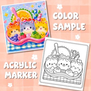 May include: A side-by-side comparison of a colorful illustration and a black-and-white line art drawing featuring three cartoon cats in a bowl with fruit and a fork. The text COLOR SAMPLE and ACRYLIC MARKER are printed on a light orange background.