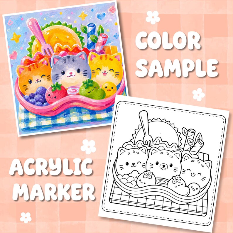 May include: A side-by-side comparison of a colorful illustration and a black-and-white line art drawing featuring three cartoon cats in a bowl with fruit and a fork. The text COLOR SAMPLE and ACRYLIC MARKER are printed on a light orange background.
