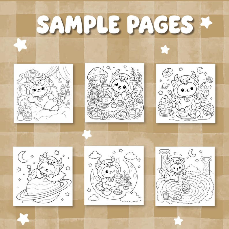 May include: A collection of six black and white coloring book pages featuring a character dressed in a cow costume with a Taurus symbol on its chest. The text SAMPLE PAGES is displayed at the top. The scenes include tea parties, planets, and desserts.