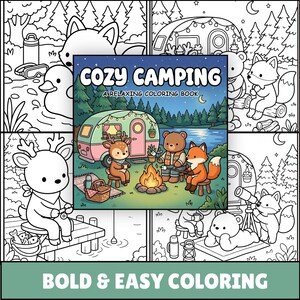 Puede incluir: Un libro para colorear titulado Cozy Camping A Relaxing Coloring Book con una ilustraci&oacute;n central a color de un ciervo, un oso y un zorro acampando junto a una fogata, rodeado de p&aacute;ginas en blanco y negro de animales.