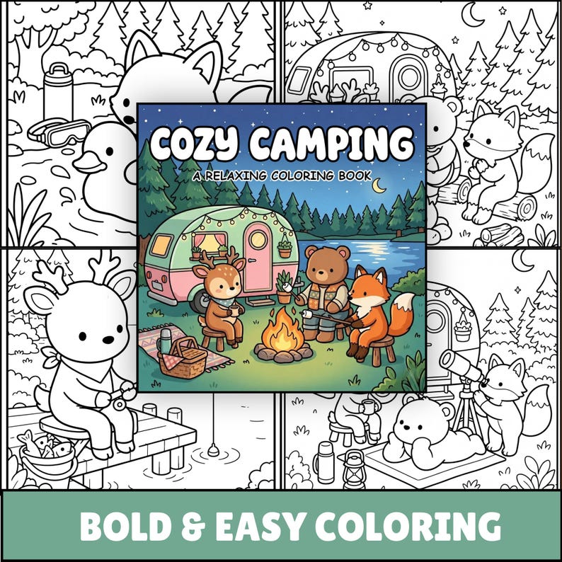 Puede incluir: Un libro para colorear titulado Cozy Camping A Relaxing Coloring Book con una ilustraci&oacute;n central a color de un ciervo, un oso y un zorro acampando junto a una fogata, rodeado de p&aacute;ginas en blanco y negro de animales.