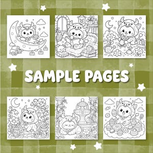 May include: Six black and white coloring pages featuring a character wearing a cow costume with a Taurus symbol. The pages show the character sitting on a crescent moon, reading, gardening, among flowers, by a fountain, and with sweets. Text reads SAMPLE PAGES.