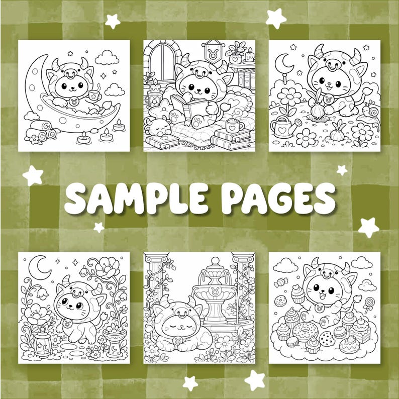 May include: Six black and white coloring pages featuring a character wearing a cow costume with a Taurus symbol. The pages show the character sitting on a crescent moon, reading, gardening, among flowers, by a fountain, and with sweets. Text reads SAMPLE PAGES.