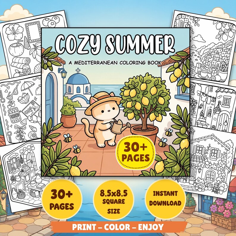 Cozy Summer Cottagecore Mediterranean Coloring Pages, Hobby Relaxing Colouring Book for adult and kids image 12