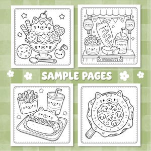 May include: Four black and white coloring pages featuring kawaii-style food illustrations. The designs include a cat-themed ice cream sundae, a food stall with a corn dog and drink, a hot dog meal with fries, and a cat-shaped pizza with mushrooms.