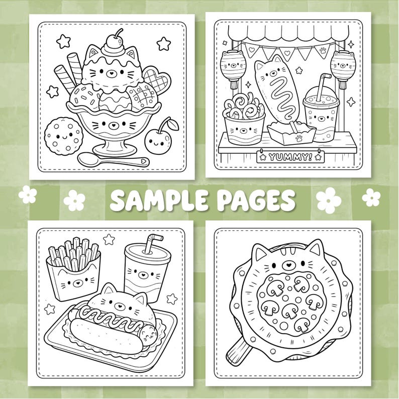 May include: Four black and white coloring pages featuring kawaii-style food illustrations. The designs include a cat-themed ice cream sundae, a food stall with a corn dog and drink, a hot dog meal with fries, and a cat-shaped pizza with mushrooms.
