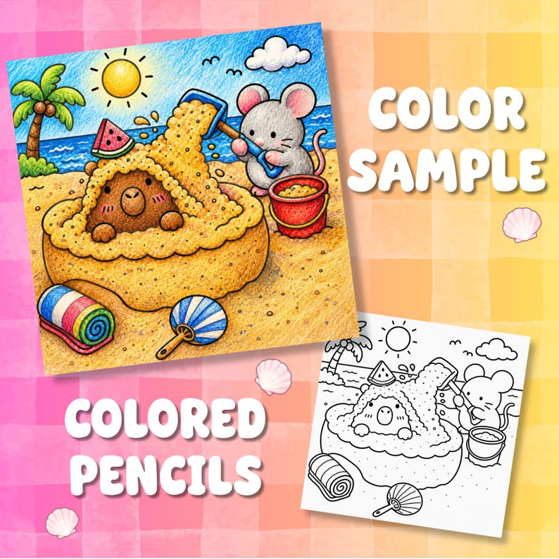 May include: A colouring page illustration featuring a capybara buried in sand, a mouse with a blue shovel and red bucket, a palm tree, sun, and beach items. The text reads COLOR SAMPLE and COLORED PENCILS. A black and white line art version is included.