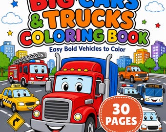 30 páginas para colorir de carros e caminhões para imprimir, veículos fáceis e em negrito para crianças, download instantâneo.