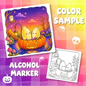 May include: A digital illustration and a black and white line art version of two small, light yellow, round characters sitting inside a carved orange pumpkin on water. The scene includes a glowing lantern, an owl, mushrooms, and a starry sky.